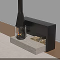 Modern Black Fireplace with Glass Enclosure Burning Flames and Stacked Firewood on Concrete Base