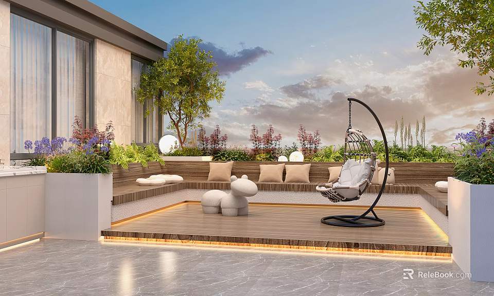 Modern Rooftop Garden With Hanging Chair Wooden Deck Green Plants And Ambient Lights 3d model 