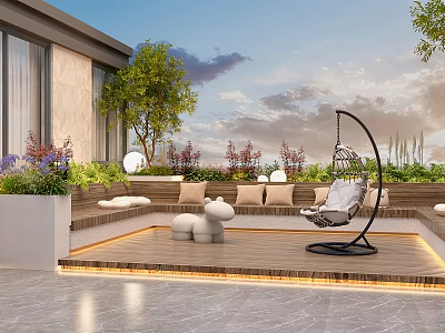 Modern Rooftop Garden With Hanging Chair Wooden Deck Green Plants And Ambient Lights 3d model