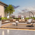 Modern Rooftop Garden With Hanging Chair Wooden Deck Green Plants And Ambient Lights
