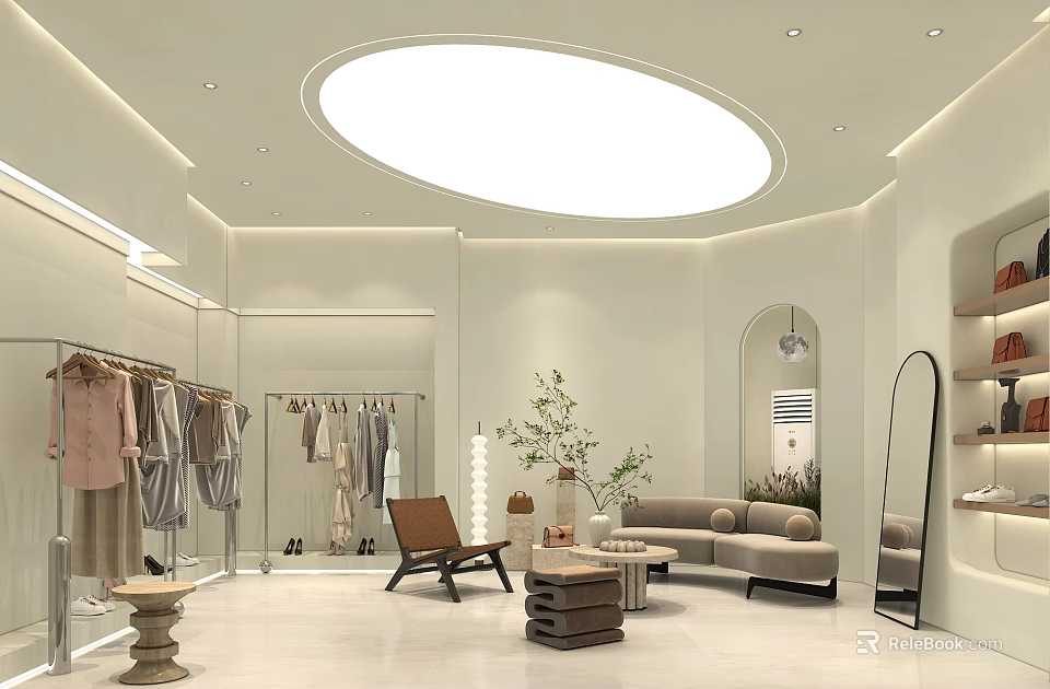 Modern Clothing Store Interior With Circular Skylight Beige Decor And Clothing Racks 3d model 