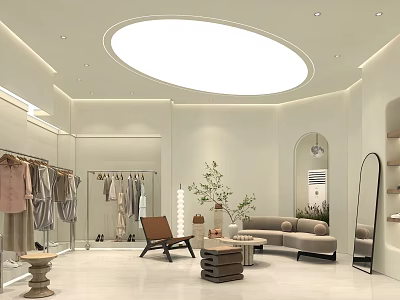 Modern Clothing Store Interior With Circular Skylight Beige Decor And Clothing Racks 3d model