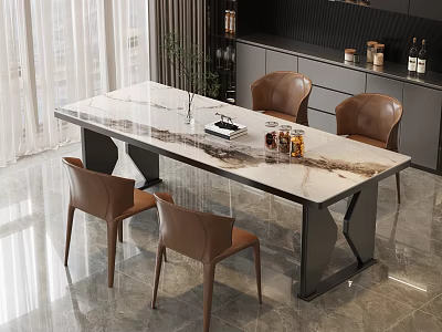 Modern Marble Top Dining Table Set With Brown Leather Chairs And Kitchen Area 3d model