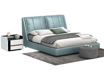 Modern Blue Leather Double Bed with White Green Pillows Checkered Blanket Nightstand on Gray Rug 3d model
