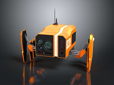 Orange Mechanical Exploration Robot With Camera Lens Antenna And Movable Arms 3d model