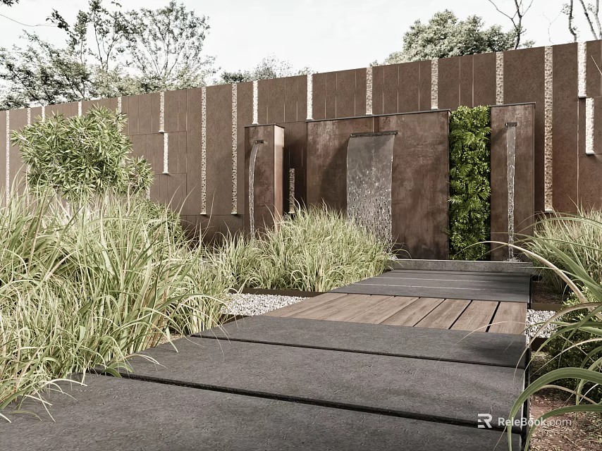 Serene Garden Design With Wooden Fence Waterfall Green Wall And Ornamental Grasses 3d model 