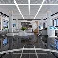 Modern Service Hall Interior Design With Self Service Kiosks Digital Counters And Green Plants