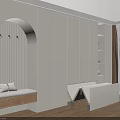 Modern Interior With White Wardrobe Arched Doorway Wooden Floor Bed Lit Niche And Beige Curtains