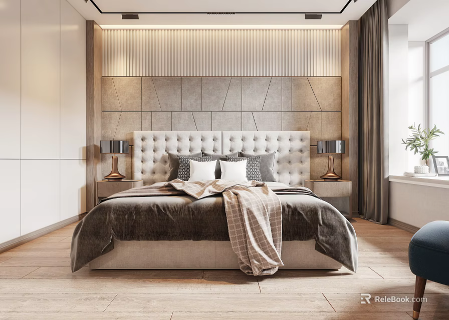 Elegant Modern Bedroom Interior Design With Upholstered Headboard Nightstands Lamps And Wooden Floor 3d model 