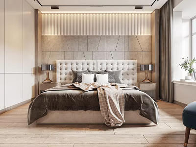 Elegant Modern Bedroom Interior Design With Upholstered Headboard Nightstands Lamps And Wooden Floor 3d model