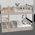 Modern Light Colored Bunk Bed In Kids Room With Storage Drawers Stuffed Toys And Bedding