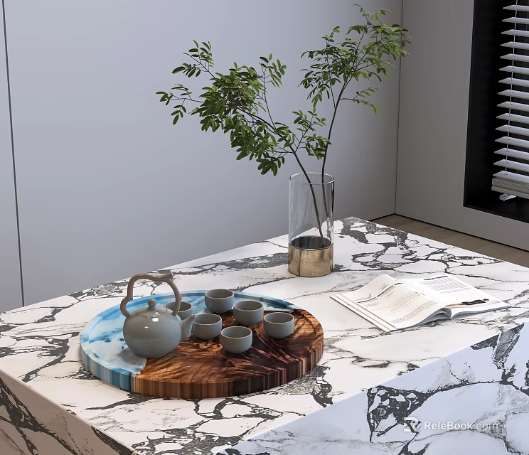 Elegant Tea Set on Wooden Blue Tray with Marble Tabletop Green Plant and Open Book 3d model 