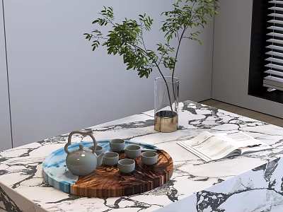 Elegant Tea Set on Wooden Blue Tray with Marble Tabletop Green Plant and Open Book 3d model