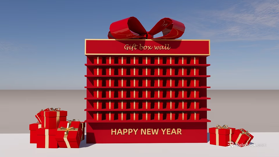 Red Gift Box Wall Featuring Happy New Year Greeting And Red Gift Boxes 3d model 