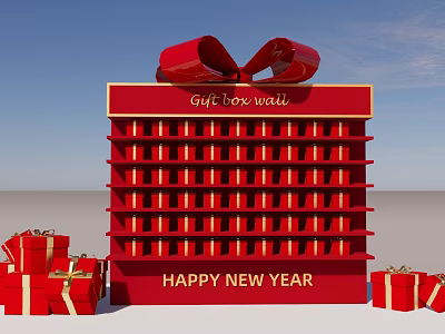 Red Gift Box Wall Featuring Happy New Year Greeting And Red Gift Boxes 3d model
