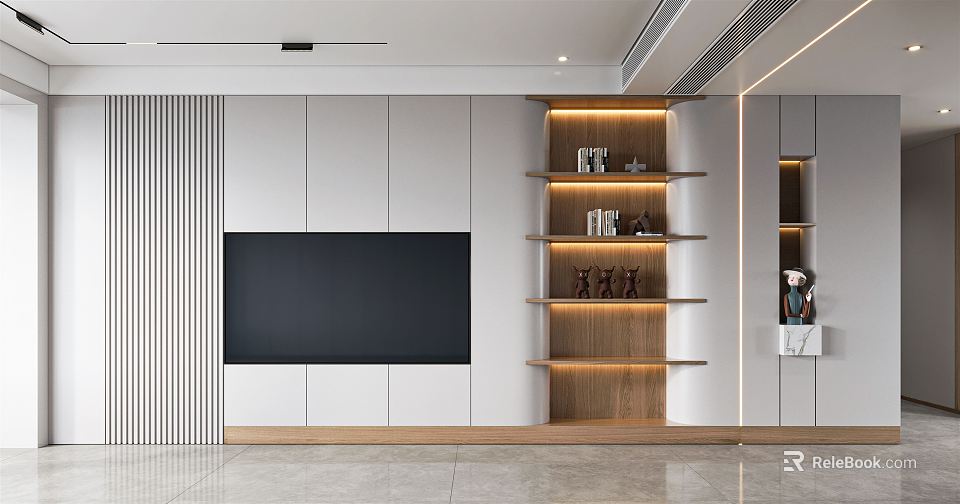 Modern TV Wall Design With White Cabinetry Black Screen Wooden Shelves And Decorative Items 3d model 