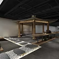 Modern Interior Display Space With Wooden Shelves Long Tables And Stone Decorative Floor