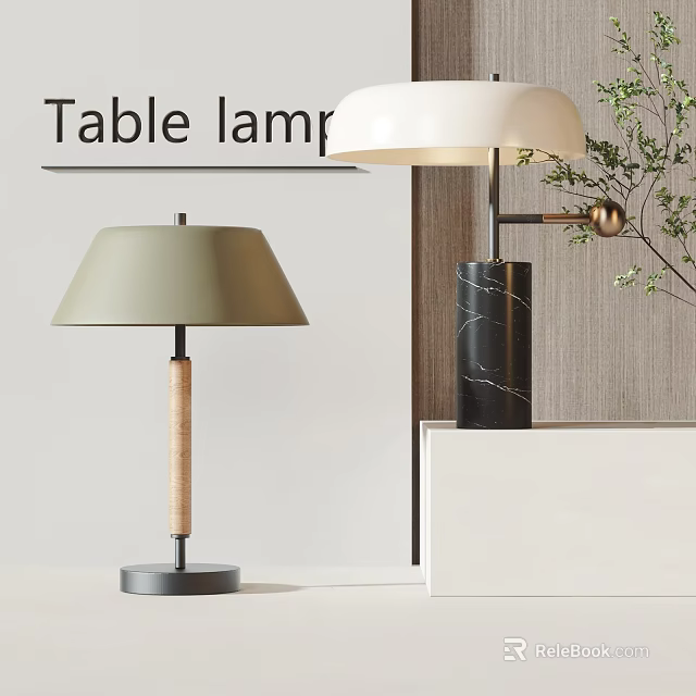 Stylish Table Lamps Featuring Light Green Shade Wooden Pole And Black Marble Column 3d model 