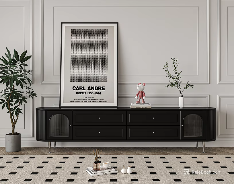 Black TV Stand with Carl Andre Poster Red Bear Vase and Plants on Checkered Rug 3d model 