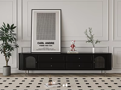 Black TV Stand with Carl Andre Poster Red Bear Vase and Plants on Checkered Rug 3d model