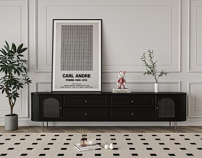 Black TV Stand with Carl Andre Poster Red Bear Vase and Plants on Checkered Rug 3d model
