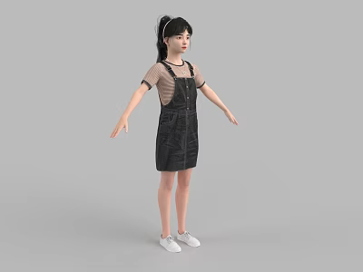 Woman Wearing Black Overall Dress Headphones and White Shoes with Arms Outstretched Against Gray Background 3d model