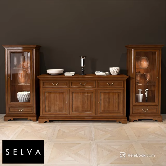 Traditional Solid Wood Sideboard With Glass Front Cabinets And Decorative Accents 3d model 