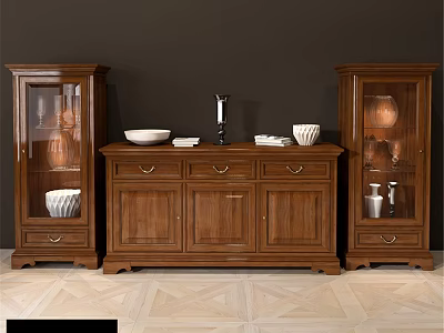 Traditional Solid Wood Sideboard With Glass Front Cabinets And Decorative Accents 3d model