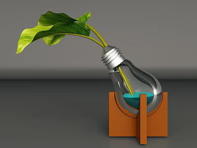 Decorative Ornament Set With Bulb Container Green Plant And Wooden Base 3d model
