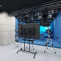 Public Office Space Featuring Blue Background Screen Tripod Equipment And Metal Ceiling