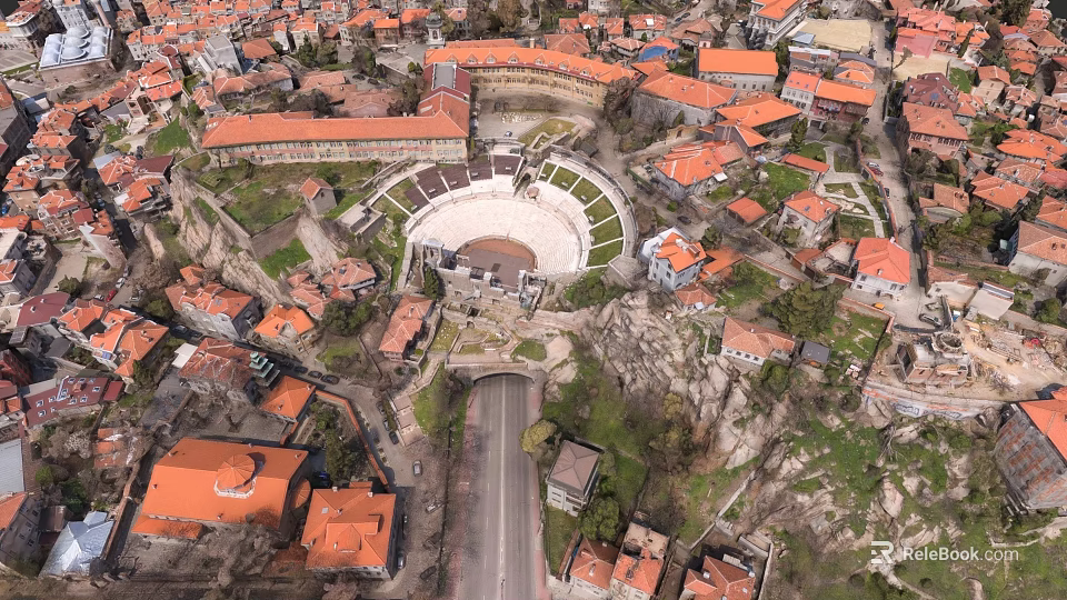 Urban Building Complex with Red Roofs and Central Circular Square in Aerial View 3d model 