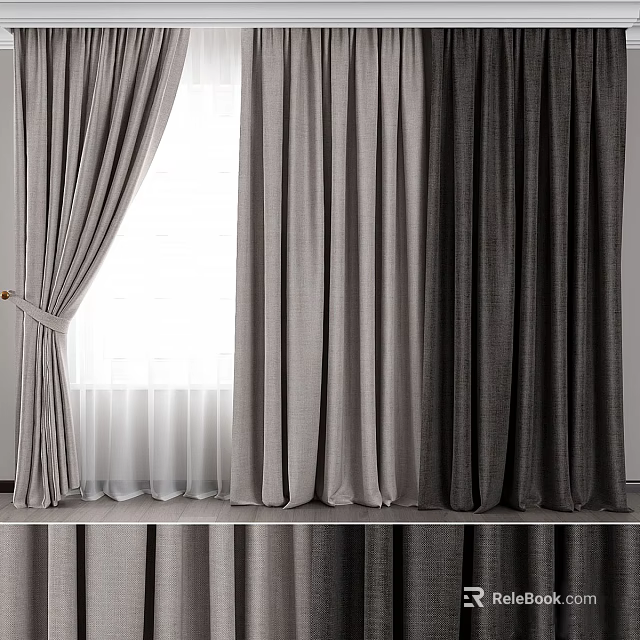 Gray Layered Fabric Curtains With Sheer Undertones And Pleated Window Design 3d model 