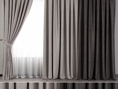 Gray Layered Fabric Curtains With Sheer Undertones And Pleated Window Design 3d model