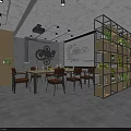 Modern Conference Room with Gear Decor Whiteboard Charts Metal Shelf Green Plants Tables Chairs Spotlights