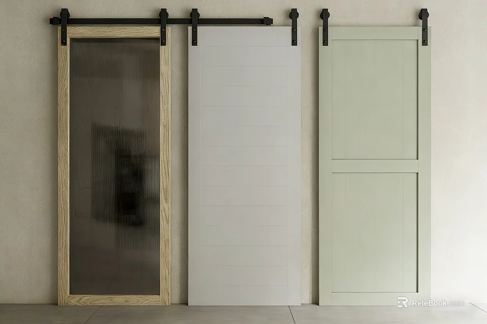 Barn Door Designs Featuring Wooden Glass Frame White And Light Green With Black Sliding Hardware 3d model 