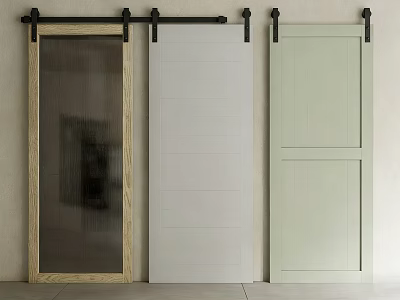 Barn Door Designs Featuring Wooden Glass Frame White And Light Green With Black Sliding Hardware 3d model