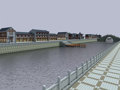 Ancient Architecture Along River With Traditional Buildings Stone Bridge And Paved Walkway 3d model