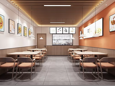 Warm Restaurant Interior Featuring Wooden Ceiling Hanging Lights Wall Paintings And Dining Tables 3d model