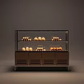 Bakery Display Cabinet With Glass Doors And Wooden Base Holding Fresh Bread On Multiple Shelves