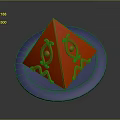 Red Pyramid Shaped Object Placed On Blue Circular Plate With Patterns