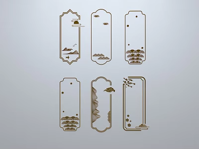 Chinese Style Carved Bookmarks With Landscape Sun Birds And Pine Trees 3d model