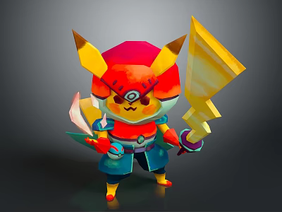 Cartoon Game Animation Character With Red Yellow Horned Helmet Swirl Patterned Eyes Lightning Blade Weapons 3d model
