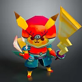 Cartoon Game Animation Character With Red Yellow Horned Helmet Swirl Patterned Eyes Lightning Blade Weapons