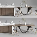 Modern Dining Table Combination With Wooden Cabinets Chairs White Sink And Vase