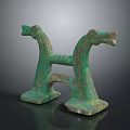Ancient Bronze Sculpture With Double Dragon Heads Green Patina And H Shaped Structure