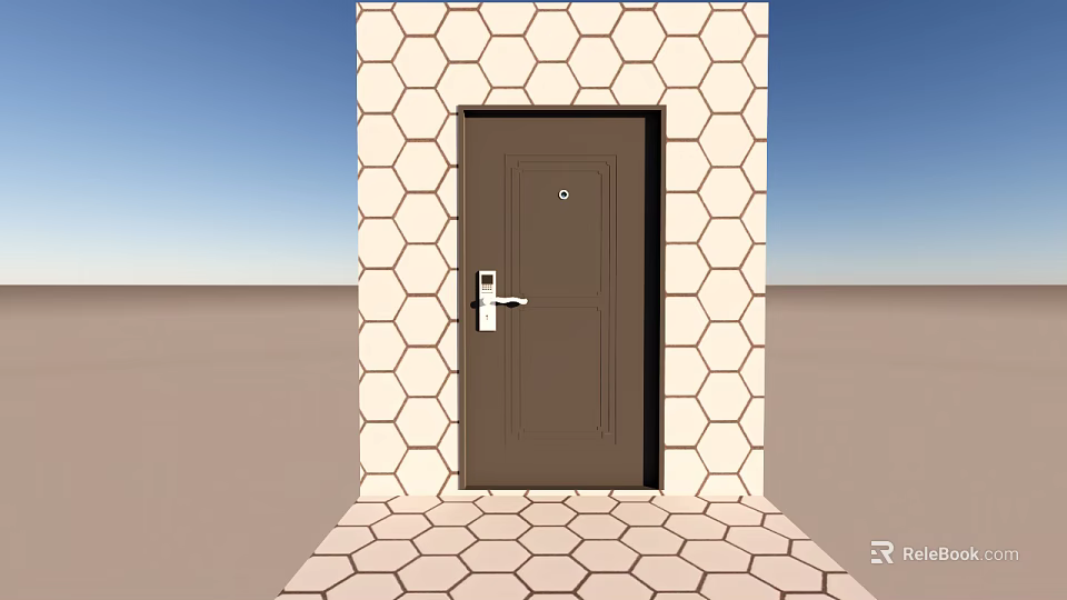 Dark Brown Swing Door With Hexagonal Tiles On Wall And Floor 3d model