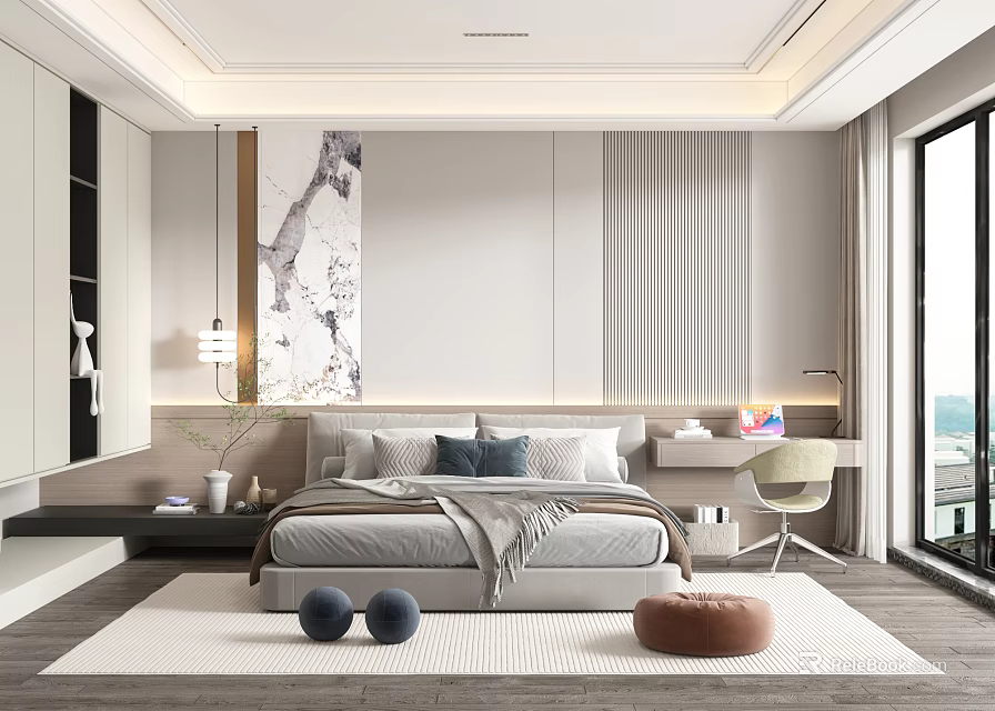 Modern Bedroom Interior With Comfortable Bed Abstract Artwork And Floor To Ceiling Windows 3d model