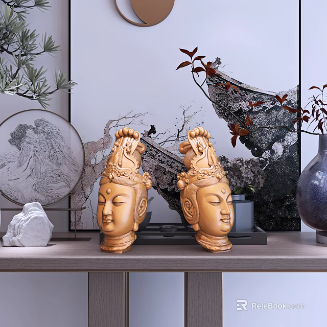 Carved Wooden Guanyin Head Sculptures With Pine Branches Red Leaves And Landscape Screen 3d model 