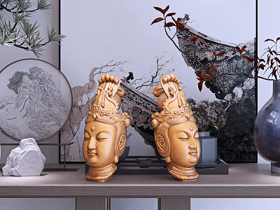 Carved Wooden Guanyin Head Sculptures With Pine Branches Red Leaves And Landscape Screen 3d model