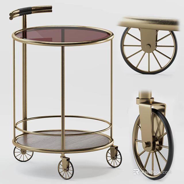Elegant Serving Cart With Gold Frame Round Glass Top Wooden Shelf And Wheels 3d model 